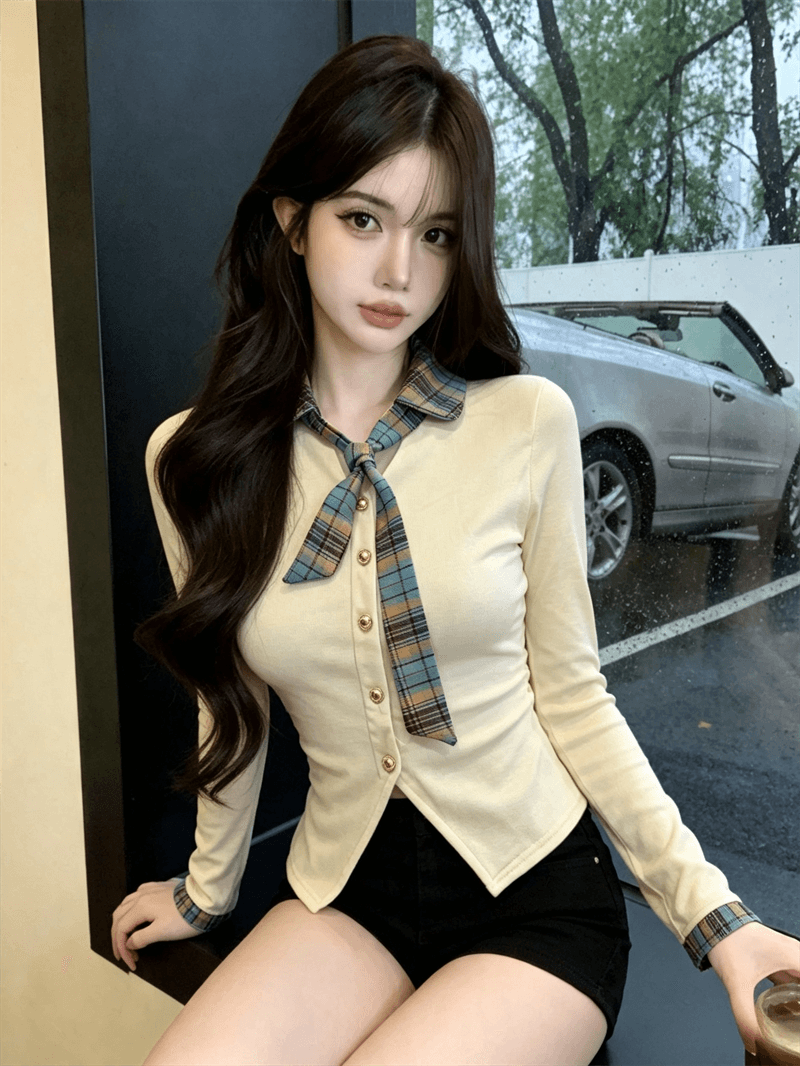 실사 봄 가을 달콤함 POLO 칼라 패치워크 체크무늬 경기 넥타이 몸매 가꾸기 페이크 레이어드 불규칙 핫걸 풀오버 티셔츠 상세 이미지 5