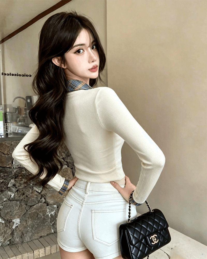 실사 봄 가을 달콤함 POLO 칼라 패치워크 체크무늬 경기 넥타이 몸매 가꾸기 페이크 레이어드 불규칙 핫걸 풀오버 티셔츠 상세 이미지 6