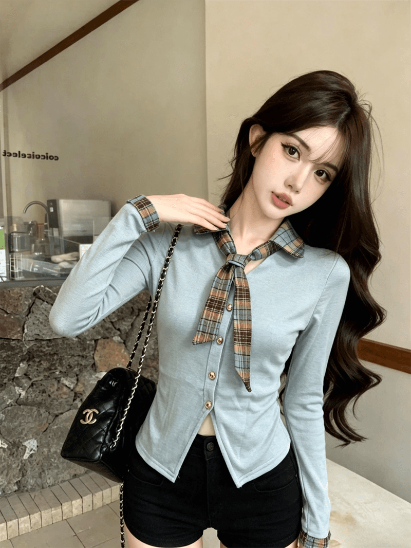 실사 봄 가을 달콤함 POLO 칼라 패치워크 체크무늬 경기 넥타이 몸매 가꾸기 페이크 레이어드 불규칙 핫걸 풀오버 티셔츠 상세 이미지 10