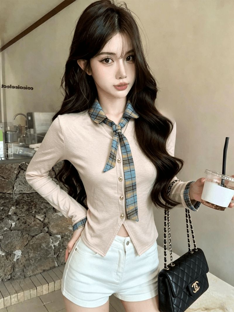 실사 봄 가을 달콤함 POLO 칼라 패치워크 체크무늬 경기 넥타이 몸매 가꾸기 페이크 레이어드 불규칙 핫걸 풀오버 티셔츠 상세 이미지 11