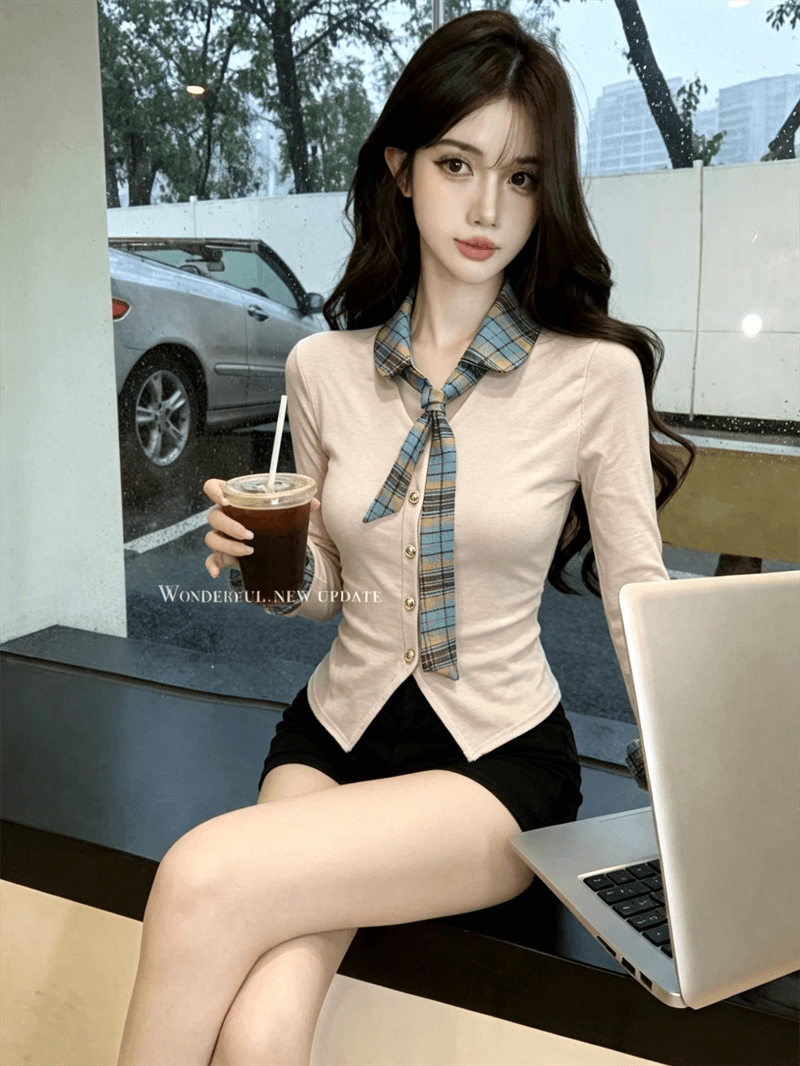실사 봄 가을 달콤함 POLO 칼라 패치워크 체크무늬 경기 넥타이 몸매 가꾸기 페이크 레이어드 불규칙 핫걸 풀오버 티셔츠 상세 이미지 12
