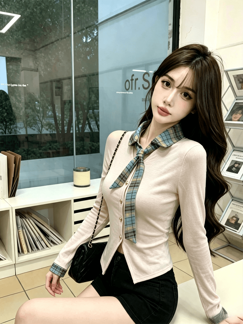 실사 봄 가을 달콤함 POLO 칼라 패치워크 체크무늬 경기 넥타이 몸매 가꾸기 페이크 레이어드 불규칙 핫걸 풀오버 티셔츠 상세 이미지 13