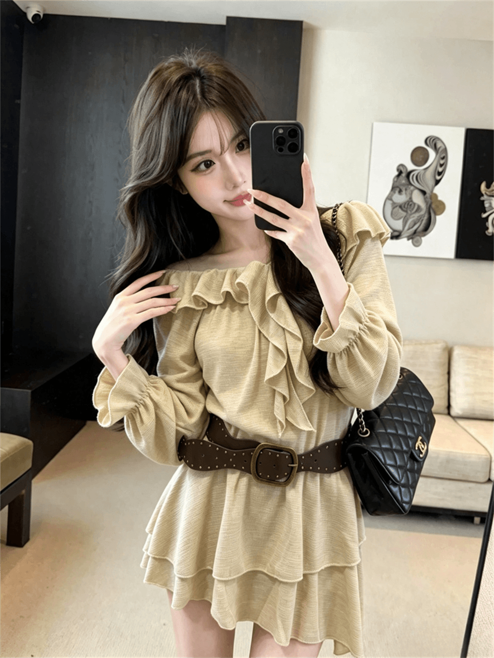 실사 봄 가을 프랑스식 보트넥 달콤함 허리 수축 중간 길이 티셔츠 순수한 욕망 바람 긴팔 불규칙 프릴 치마