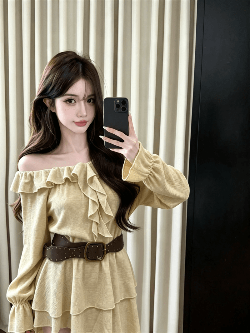 실사 봄 가을 프랑스식 보트넥 달콤함 허리 수축 중간 길이 티셔츠 순수한 욕망 바람 긴팔 불규칙 프릴 치마 상세 이미지 14