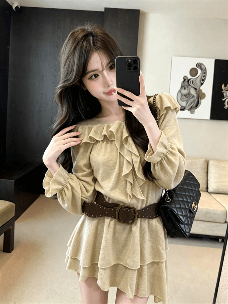 실사 봄 가을 프랑스식 보트넥 달콤함 허리 수축 중간 길이 티셔츠 순수한 욕망 바람 긴팔 불규칙 프릴 치마 상세 이미지 16