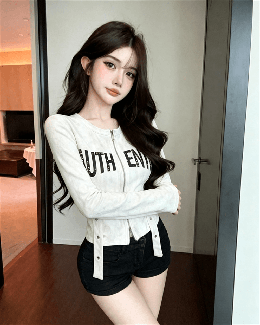 실사 봄 가을 느긋한 바람 라운드 넥 패치워크 지퍼 섹션 몸매 가꾸기 불규칙 쇼트 스타일 카모플라주 핫걸 오픈 가디건 티셔츠 이미지 2
