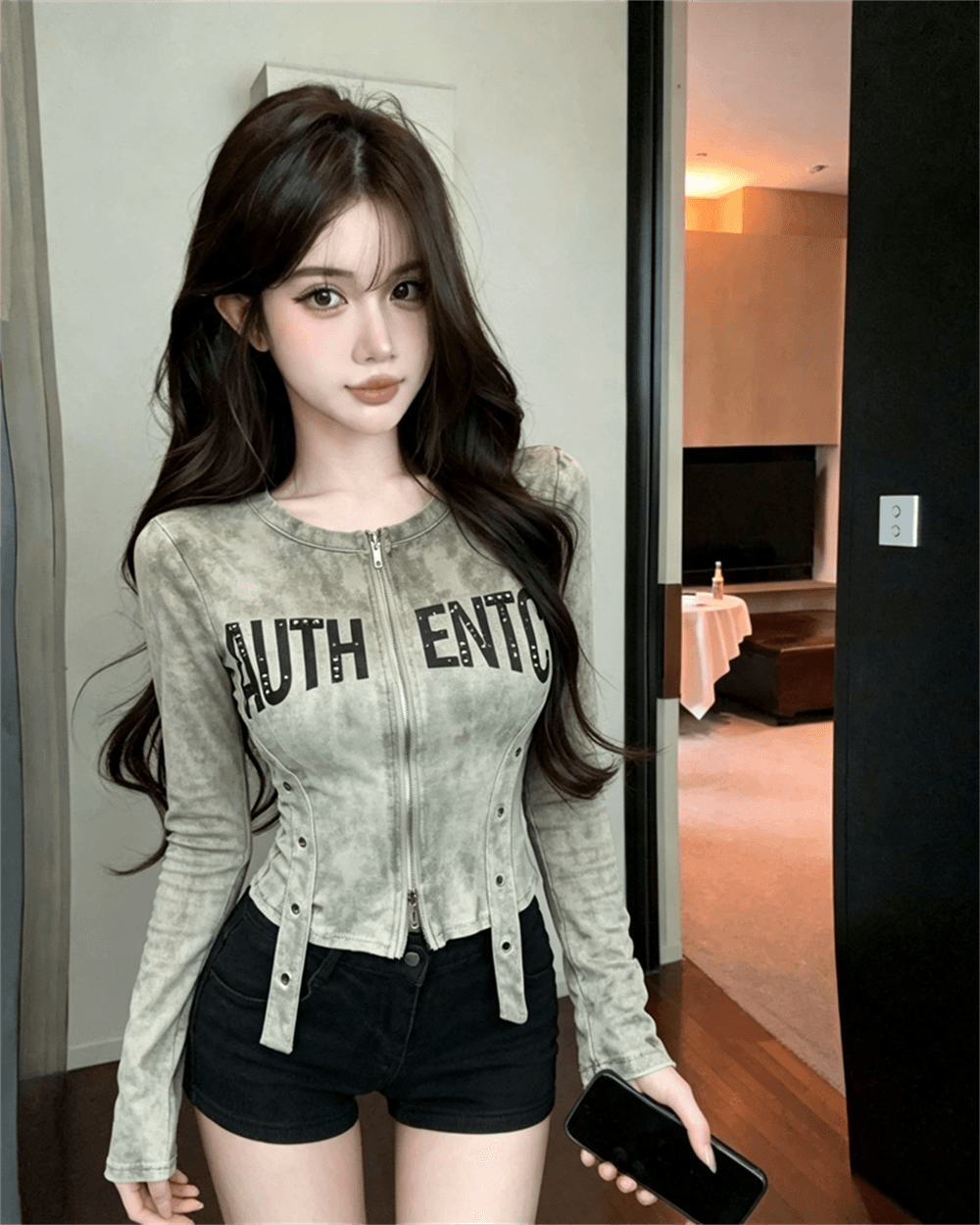 실사 봄 가을 느긋한 바람 라운드 넥 패치워크 지퍼 섹션 몸매 가꾸기 불규칙 쇼트 스타일 카모플라주 핫걸 오픈 가디건 티셔츠 이미지 3