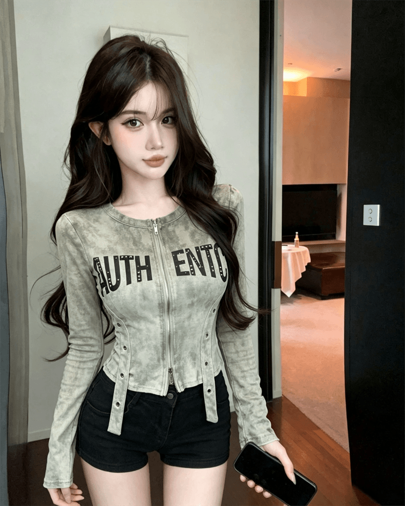 실사 봄 가을 느긋한 바람 라운드 넥 패치워크 지퍼 섹션 몸매 가꾸기 불규칙 쇼트 스타일 카모플라주 핫걸 오픈 가디건 티셔츠 상세 이미지 1