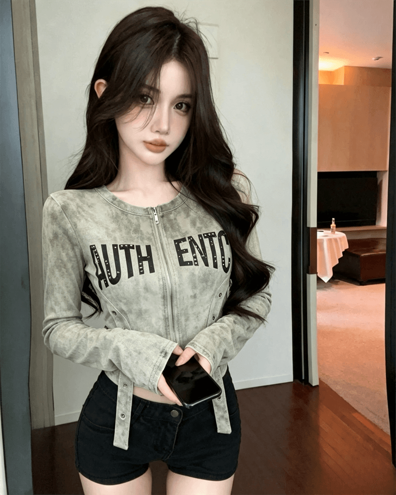 실사 봄 가을 느긋한 바람 라운드 넥 패치워크 지퍼 섹션 몸매 가꾸기 불규칙 쇼트 스타일 카모플라주 핫걸 오픈 가디건 티셔츠 상세 이미지 2