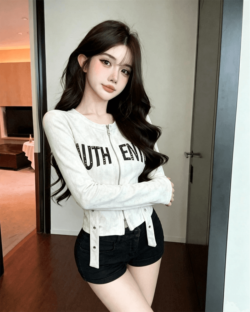 실사 봄 가을 느긋한 바람 라운드 넥 패치워크 지퍼 섹션 몸매 가꾸기 불규칙 쇼트 스타일 카모플라주 핫걸 오픈 가디건 티셔츠 상세 이미지 3