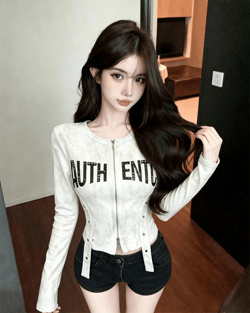 실사 봄 가을 느긋한 바람 라운드 넥 패치워크 지퍼 섹션 몸매 가꾸기 불규칙 쇼트 스타일 카모플라주 핫걸 오픈 가디건 티셔츠 상세 이미지 4