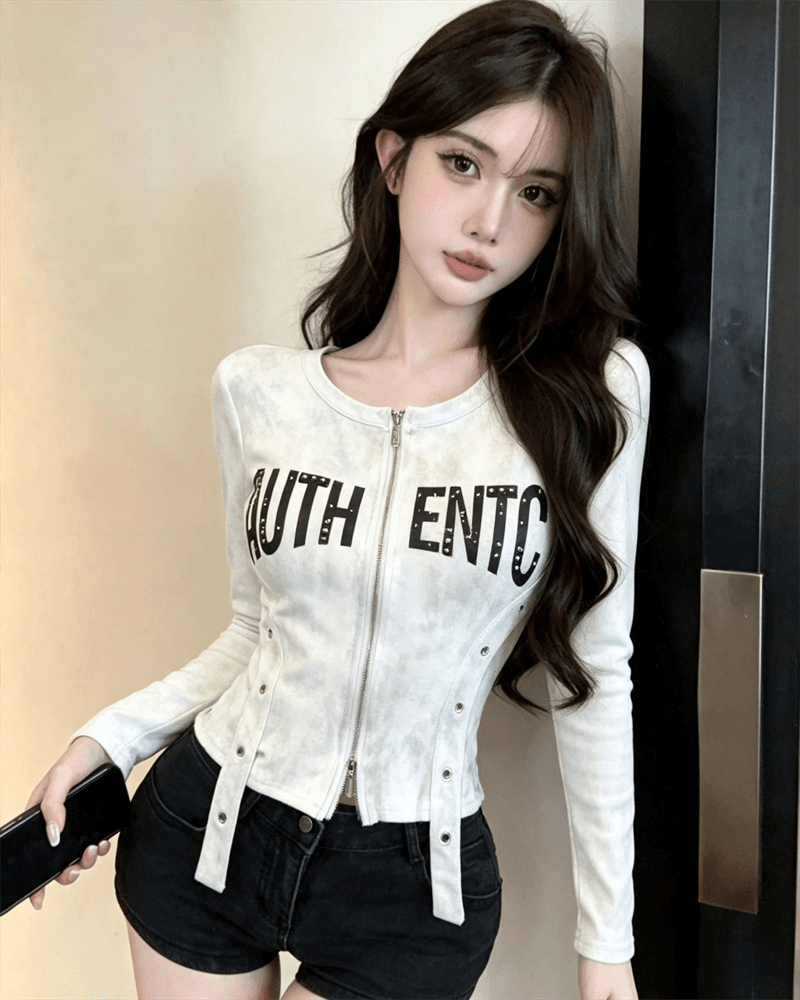 실사 봄 가을 느긋한 바람 라운드 넥 패치워크 지퍼 섹션 몸매 가꾸기 불규칙 쇼트 스타일 카모플라주 핫걸 오픈 가디건 티셔츠 상세 이미지 5