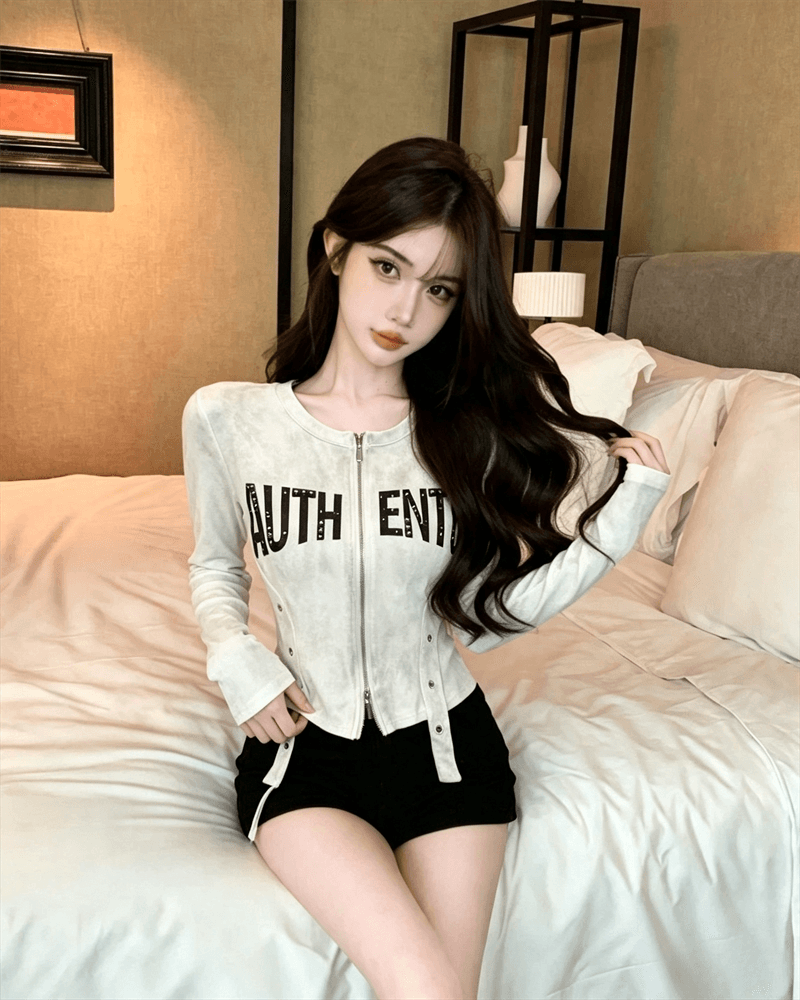 실사 봄 가을 느긋한 바람 라운드 넥 패치워크 지퍼 섹션 몸매 가꾸기 불규칙 쇼트 스타일 카모플라주 핫걸 오픈 가디건 티셔츠 상세 이미지 6