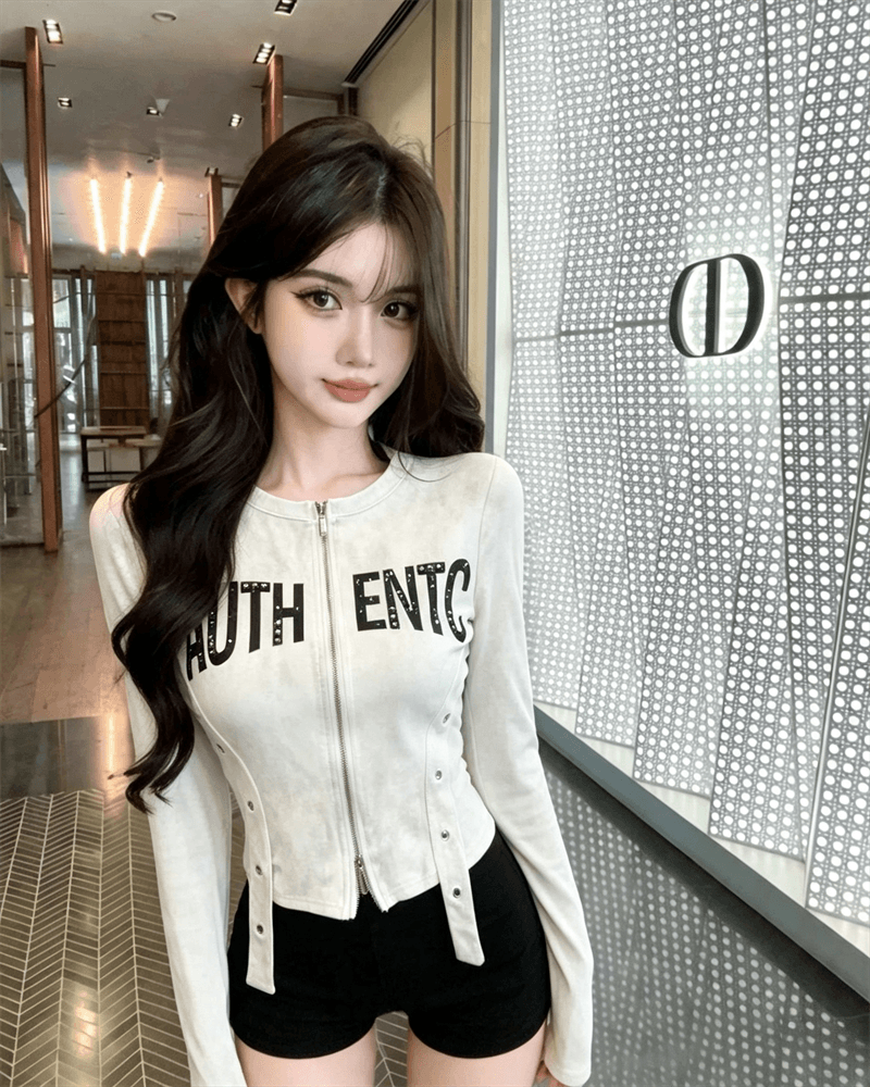 실사 봄 가을 느긋한 바람 라운드 넥 패치워크 지퍼 섹션 몸매 가꾸기 불규칙 쇼트 스타일 카모플라주 핫걸 오픈 가디건 티셔츠 상세 이미지 7