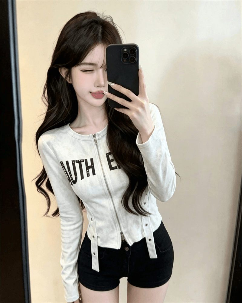 실사 봄 가을 느긋한 바람 라운드 넥 패치워크 지퍼 섹션 몸매 가꾸기 불규칙 쇼트 스타일 카모플라주 핫걸 오픈 가디건 티셔츠 상세 이미지 8