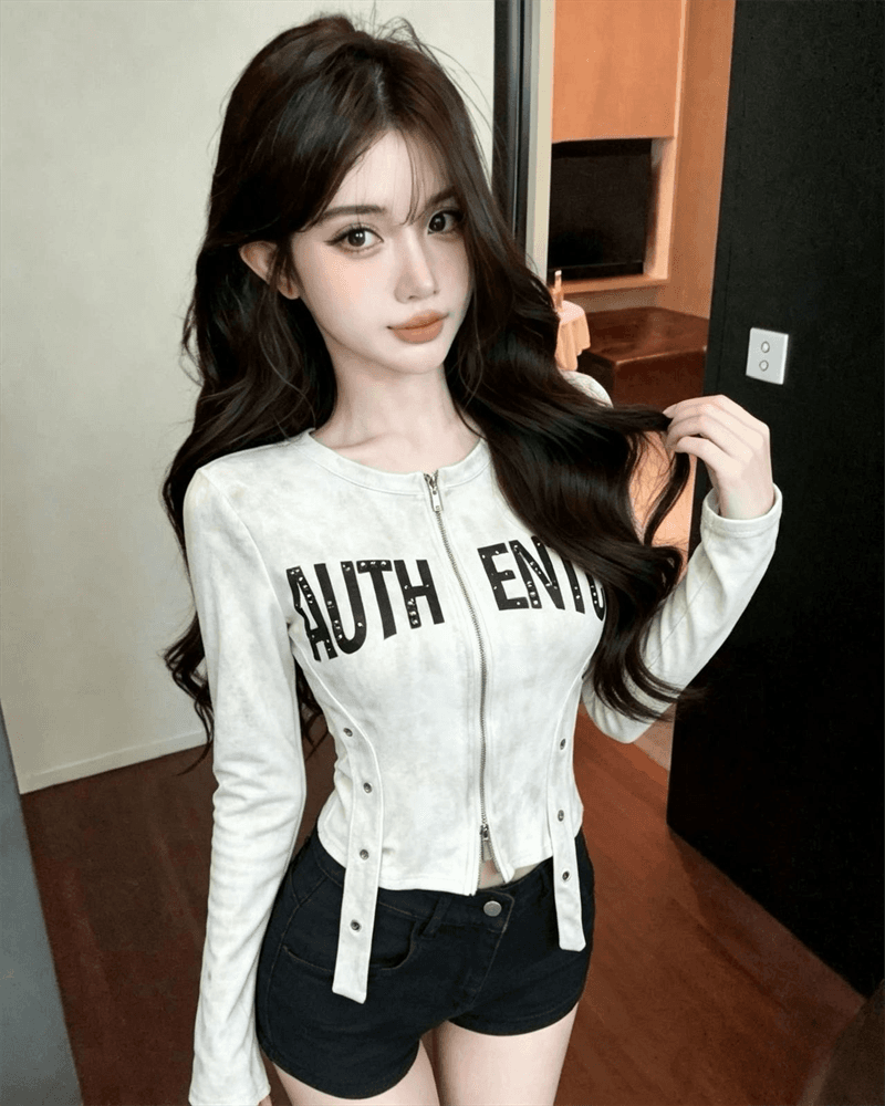 실사 봄 가을 느긋한 바람 라운드 넥 패치워크 지퍼 섹션 몸매 가꾸기 불규칙 쇼트 스타일 카모플라주 핫걸 오픈 가디건 티셔츠 상세 이미지 9