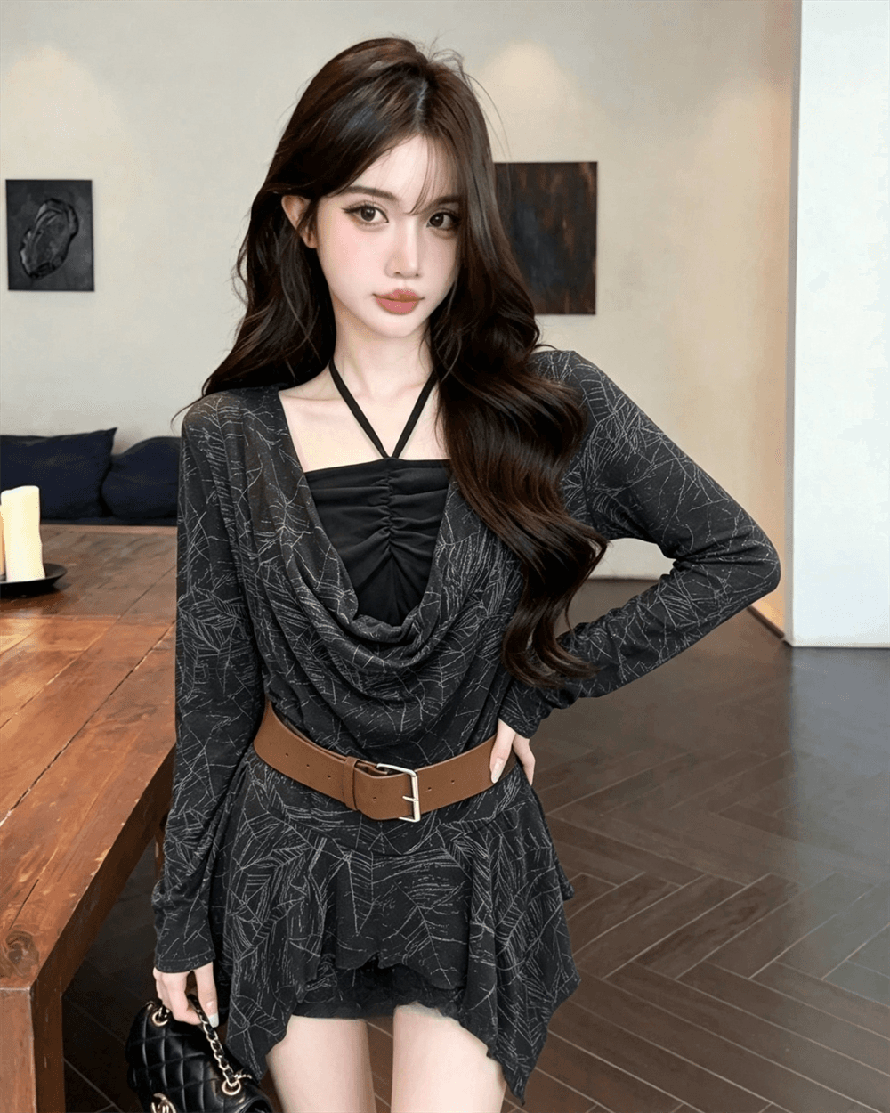 실사 가을 프랑스식 행침 목 종류 레이스업 패치워크 흔들다 칼라 튜브탑 불규칙 순수한 욕망 가짜 2 피스 슈트 풀오버 티셔츠 이미지 3