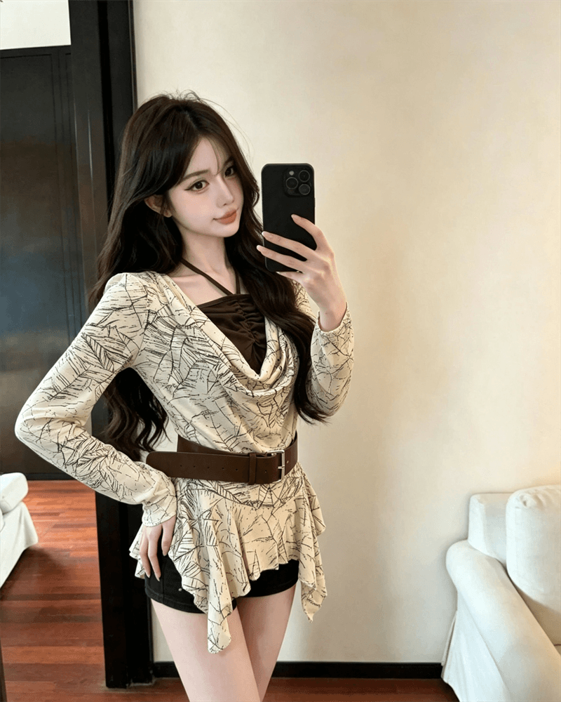 실사 가을 프랑스식 행침 목 종류 레이스업 패치워크 흔들다 칼라 튜브탑 불규칙 순수한 욕망 가짜 2 피스 슈트 풀오버 티셔츠 상세 이미지 3