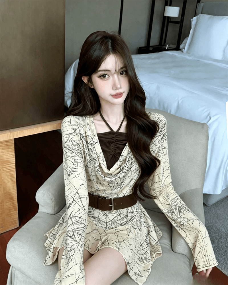 실사 가을 프랑스식 행침 목 종류 레이스업 패치워크 흔들다 칼라 튜브탑 불규칙 순수한 욕망 가짜 2 피스 슈트 풀오버 티셔츠 상세 이미지 4