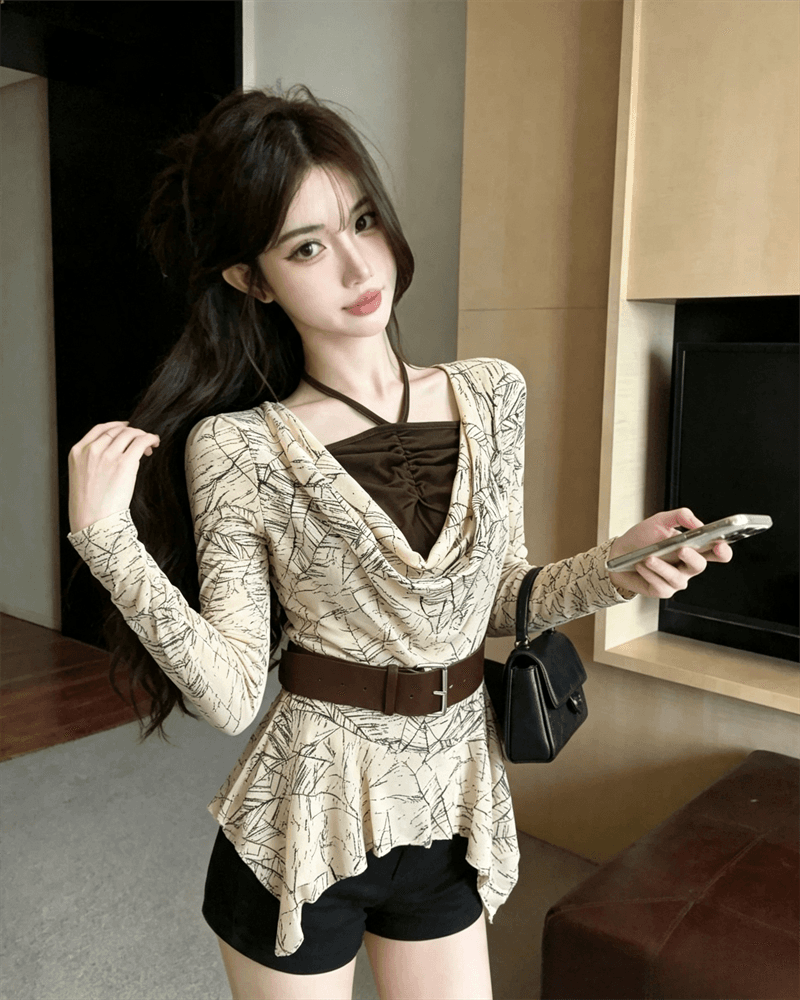 실사 가을 프랑스식 행침 목 종류 레이스업 패치워크 흔들다 칼라 튜브탑 불규칙 순수한 욕망 가짜 2 피스 슈트 풀오버 티셔츠 상세 이미지 5
