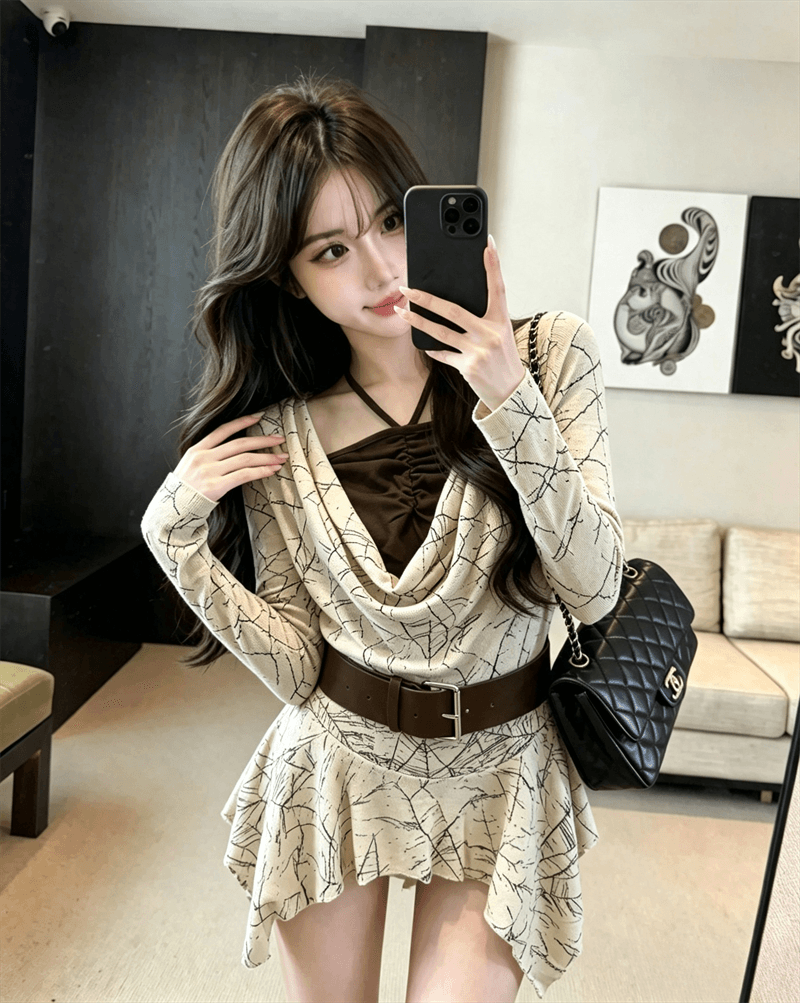 실사 가을 프랑스식 행침 목 종류 레이스업 패치워크 흔들다 칼라 튜브탑 불규칙 순수한 욕망 가짜 2 피스 슈트 풀오버 티셔츠 상세 이미지 6