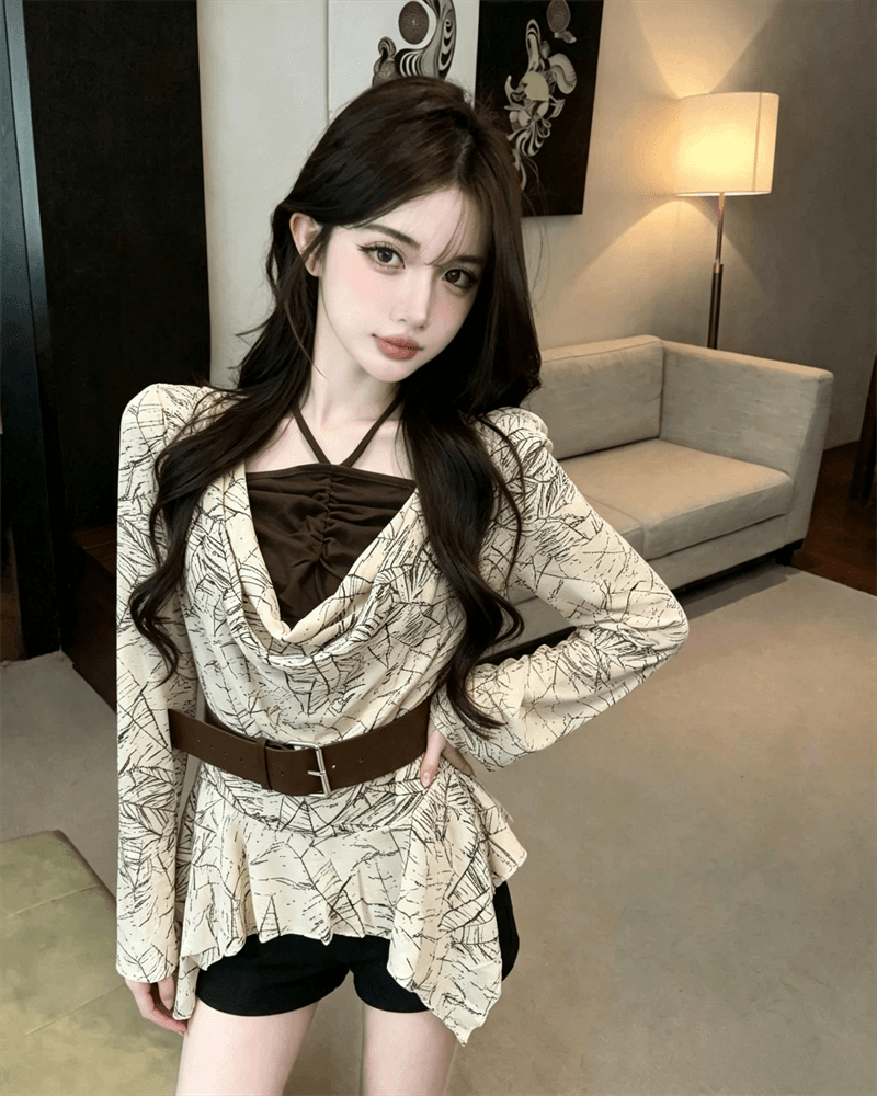 실사 가을 프랑스식 행침 목 종류 레이스업 패치워크 흔들다 칼라 튜브탑 불규칙 순수한 욕망 가짜 2 피스 슈트 풀오버 티셔츠 상세 이미지 7