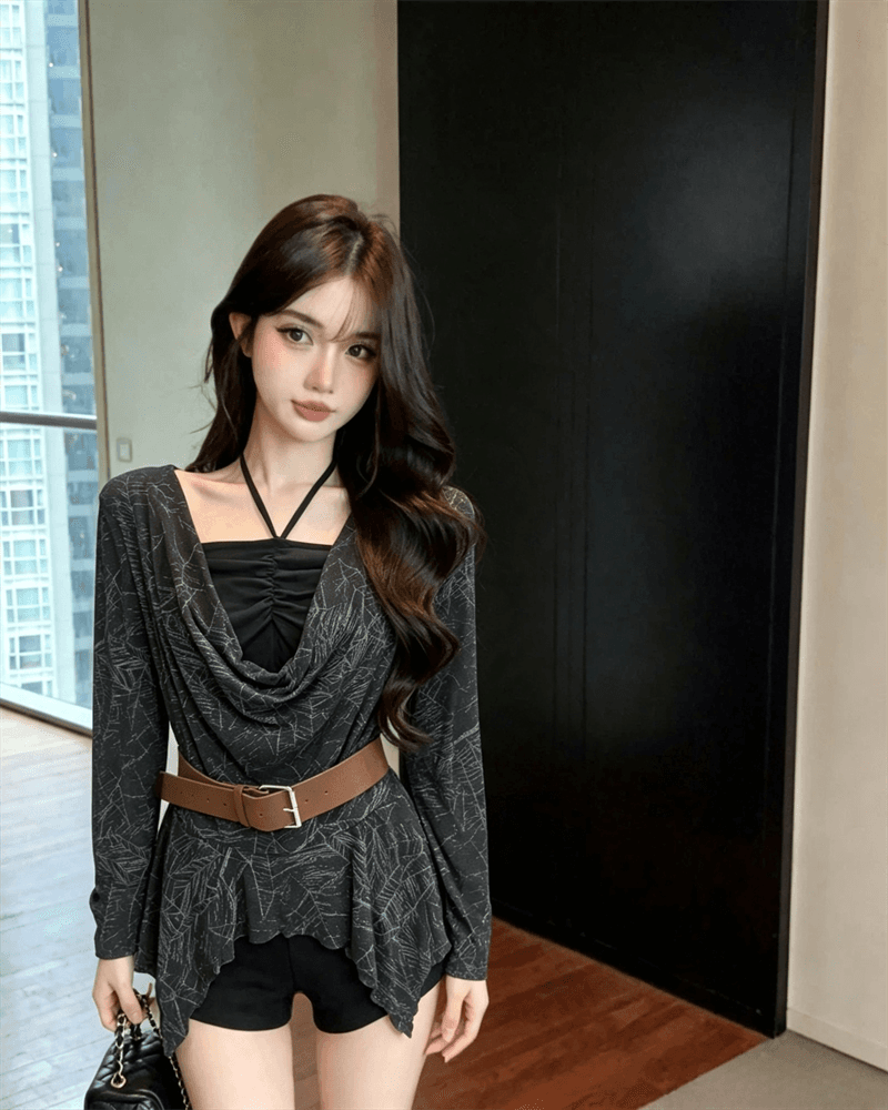 실사 가을 프랑스식 행침 목 종류 레이스업 패치워크 흔들다 칼라 튜브탑 불규칙 순수한 욕망 가짜 2 피스 슈트 풀오버 티셔츠 상세 이미지 8