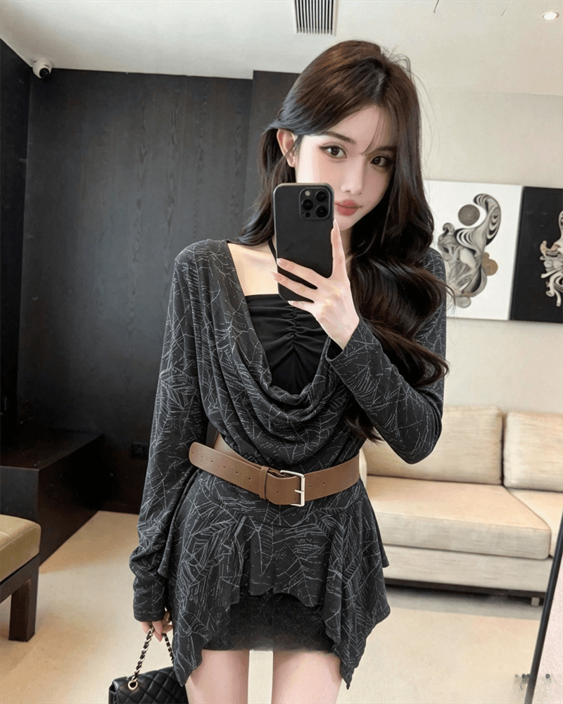 실사 가을 프랑스식 행침 목 종류 레이스업 패치워크 흔들다 칼라 튜브탑 불규칙 순수한 욕망 가짜 2 피스 슈트 풀오버 티셔츠 상세 이미지 10