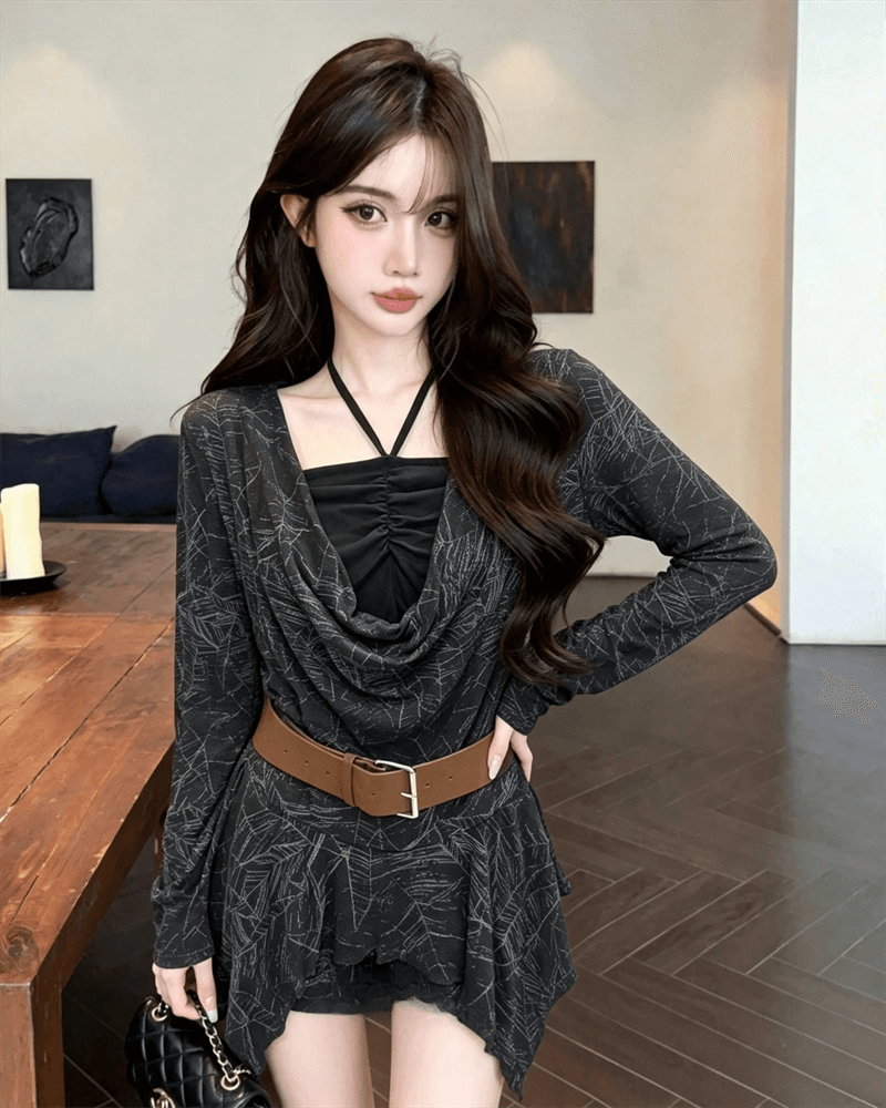 실사 가을 프랑스식 행침 목 종류 레이스업 패치워크 흔들다 칼라 튜브탑 불규칙 순수한 욕망 가짜 2 피스 슈트 풀오버 티셔츠 상세 이미지 11