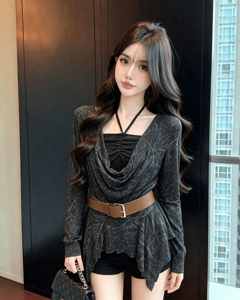 실사 가을 프랑스식 행침 목 종류 레이스업 패치워크 흔들다 칼라 튜브탑 불규칙 순수한 욕망 가짜 2 피스 슈트 풀오버 티셔츠 상세 이미지 12