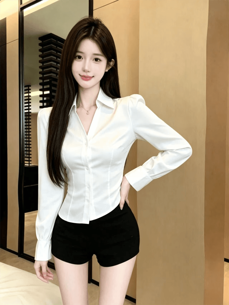 실사 POLO 칼라 싱글 줄 버튼 꼬집기 허리 슬림해 보이는 긴팔 셔츠 디자인 센스 뒤로 레이스 외국 가스 다용도 맨위 여성 상세 이미지 2