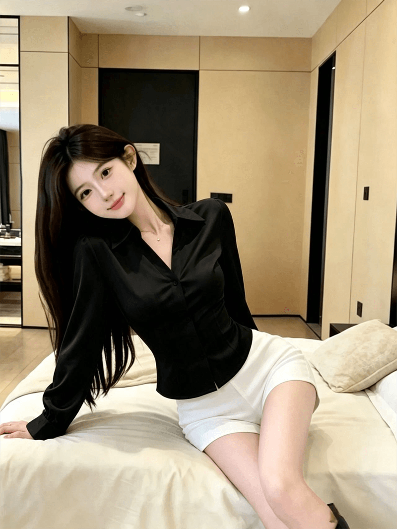 실사 POLO 칼라 싱글 줄 버튼 꼬집기 허리 슬림해 보이는 긴팔 셔츠 디자인 센스 뒤로 레이스 외국 가스 다용도 맨위 여성 상세 이미지 5