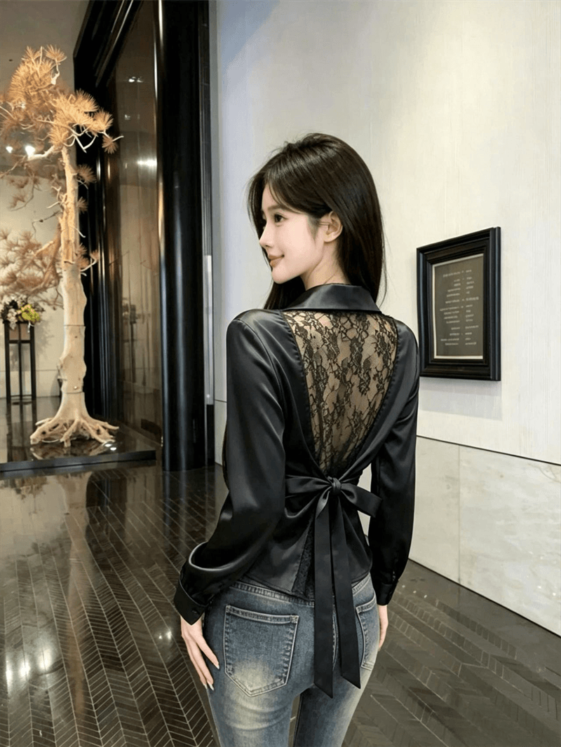 실사 POLO 칼라 싱글 줄 버튼 꼬집기 허리 슬림해 보이는 긴팔 셔츠 디자인 센스 뒤로 레이스 외국 가스 다용도 맨위 여성 상세 이미지 8