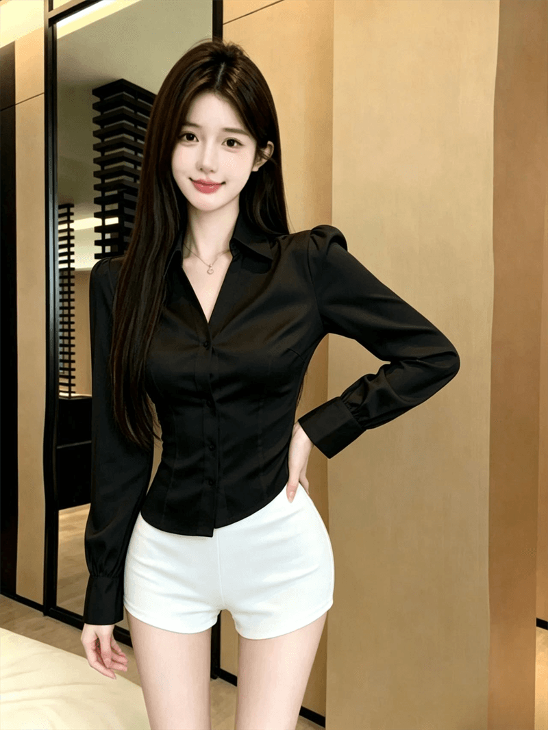 실사 POLO 칼라 싱글 줄 버튼 꼬집기 허리 슬림해 보이는 긴팔 셔츠 디자인 센스 뒤로 레이스 외국 가스 다용도 맨위 여성 상세 이미지 10