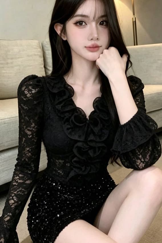 실사 새로운 순수한 욕망 바람 품격 디자인 센스 V넥 레이스 셔츠 몸매 가꾸기 슬림해 보이는 작은 대중 다용도 맨위 여성 이미지 6