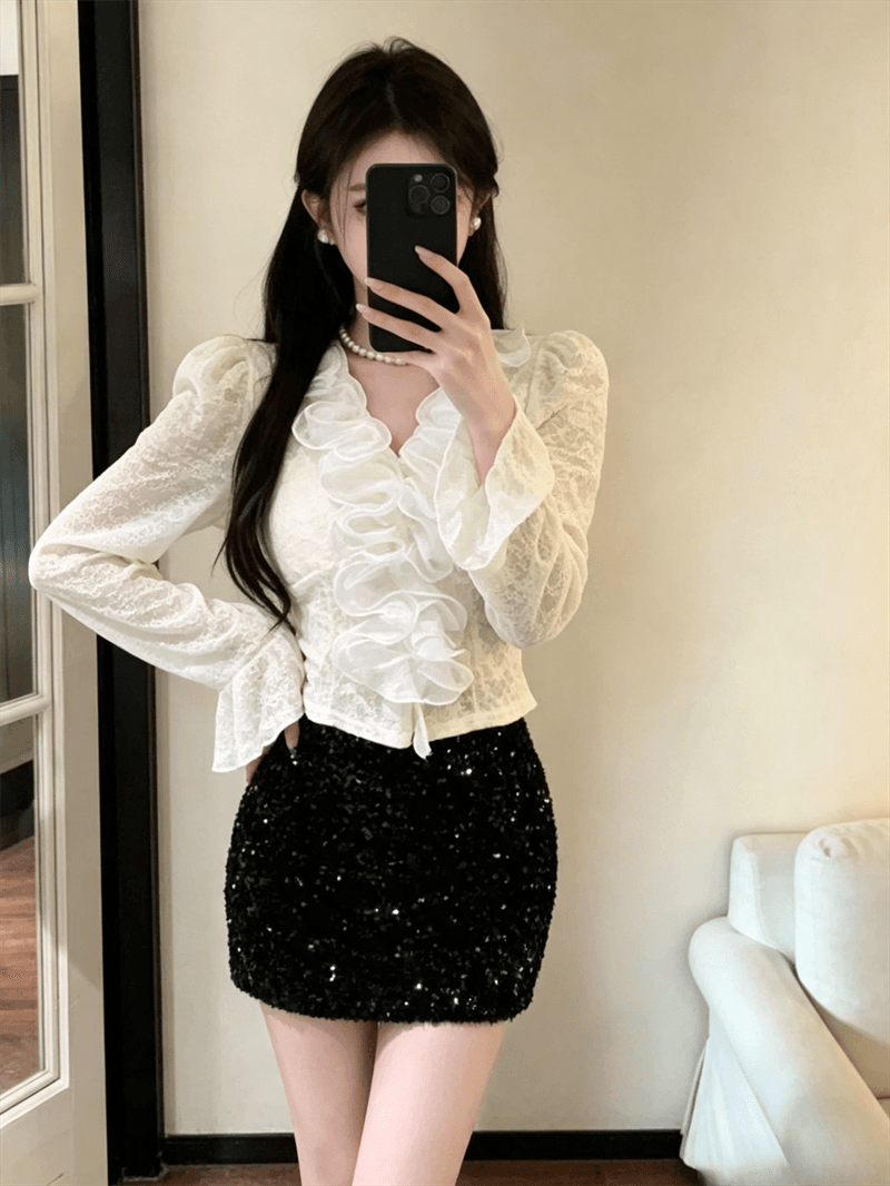실사 새로운 순수한 욕망 바람 품격 디자인 센스 V넥 레이스 셔츠 몸매 가꾸기 슬림해 보이는 작은 대중 다용도 맨위 여성 상세 이미지 1
