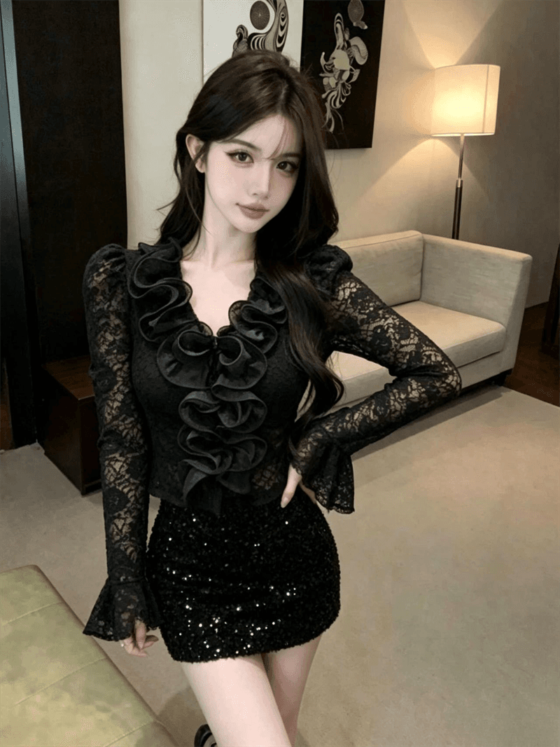 실사 새로운 순수한 욕망 바람 품격 디자인 센스 V넥 레이스 셔츠 몸매 가꾸기 슬림해 보이는 작은 대중 다용도 맨위 여성 상세 이미지 4
