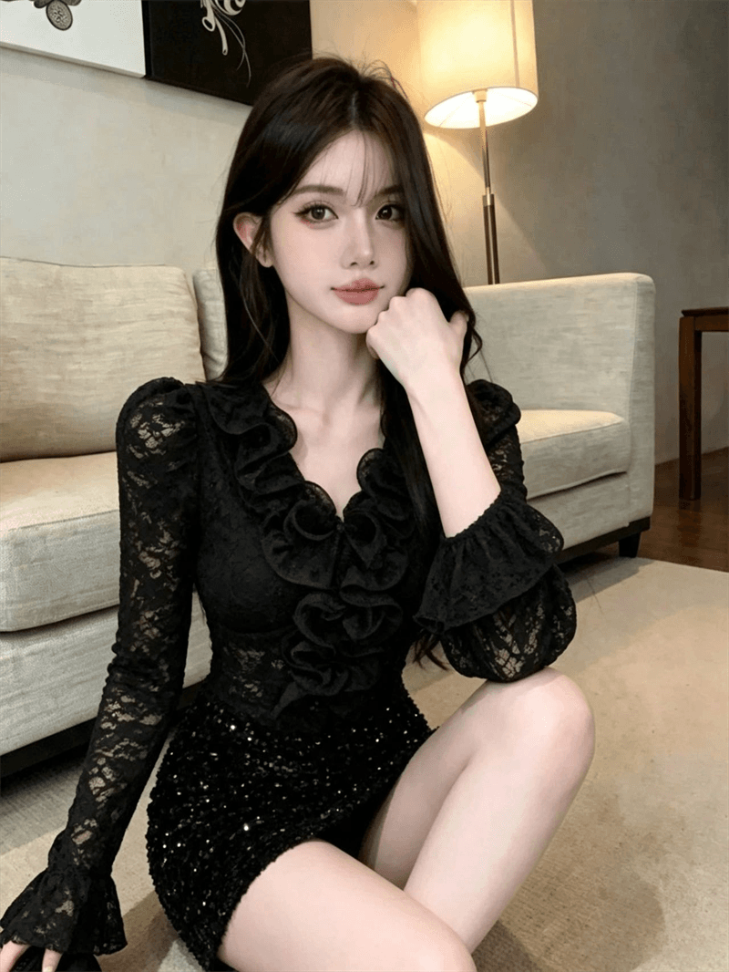 실사 새로운 순수한 욕망 바람 품격 디자인 센스 V넥 레이스 셔츠 몸매 가꾸기 슬림해 보이는 작은 대중 다용도 맨위 여성 상세 이미지 5