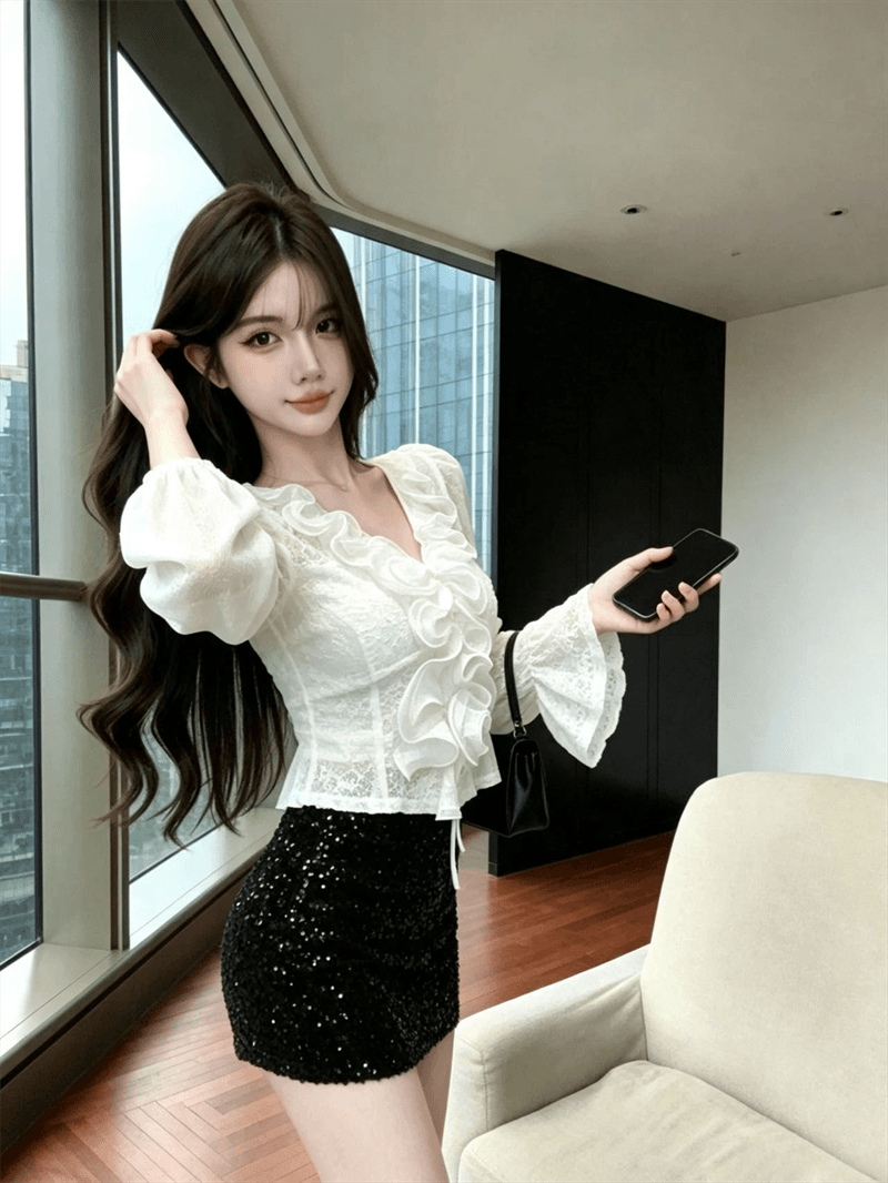실사 새로운 순수한 욕망 바람 품격 디자인 센스 V넥 레이스 셔츠 몸매 가꾸기 슬림해 보이는 작은 대중 다용도 맨위 여성 상세 이미지 6