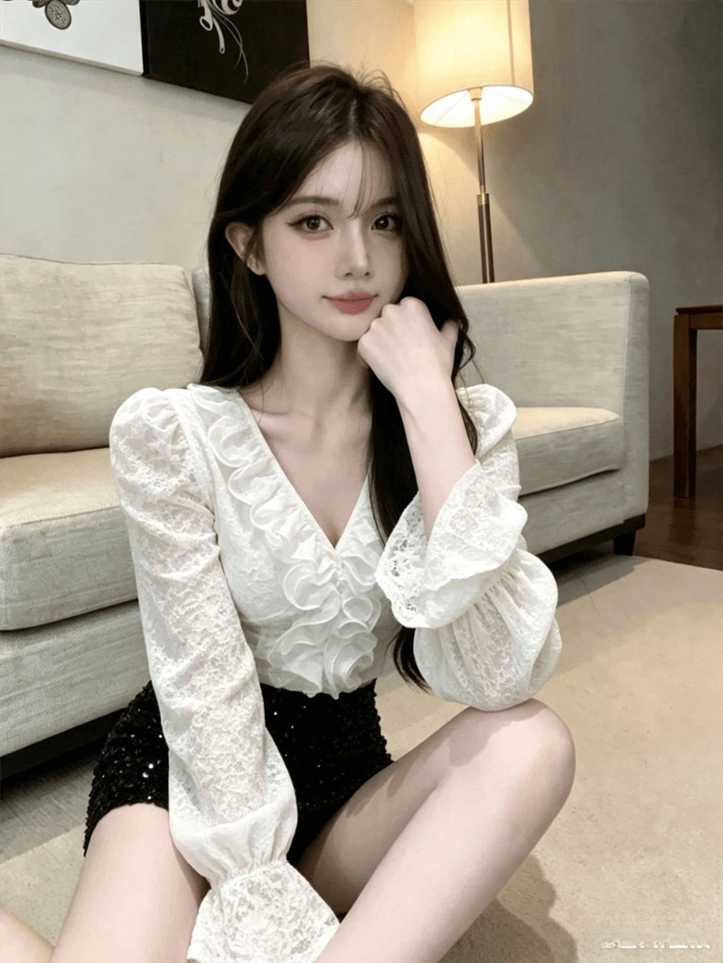 실사 새로운 순수한 욕망 바람 품격 디자인 센스 V넥 레이스 셔츠 몸매 가꾸기 슬림해 보이는 작은 대중 다용도 맨위 여성 상세 이미지 7