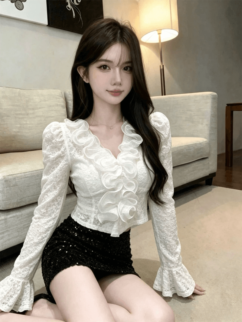 실사 새로운 순수한 욕망 바람 품격 디자인 센스 V넥 레이스 셔츠 몸매 가꾸기 슬림해 보이는 작은 대중 다용도 맨위 여성 상세 이미지 8