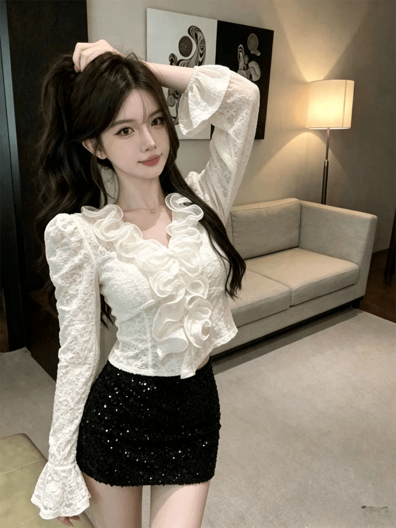 실사 새로운 순수한 욕망 바람 품격 디자인 센스 V넥 레이스 셔츠 몸매 가꾸기 슬림해 보이는 작은 대중 다용도 맨위 여성 상세 이미지 9