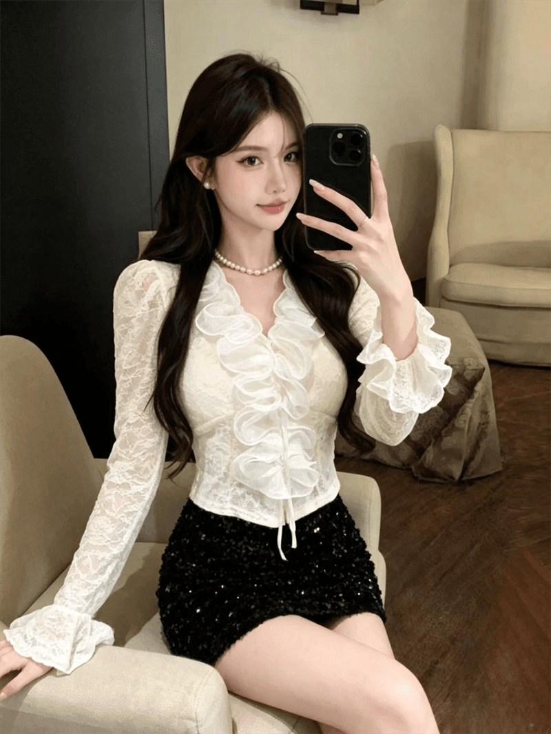 실사 새로운 순수한 욕망 바람 품격 디자인 센스 V넥 레이스 셔츠 몸매 가꾸기 슬림해 보이는 작은 대중 다용도 맨위 여성 상세 이미지 11
