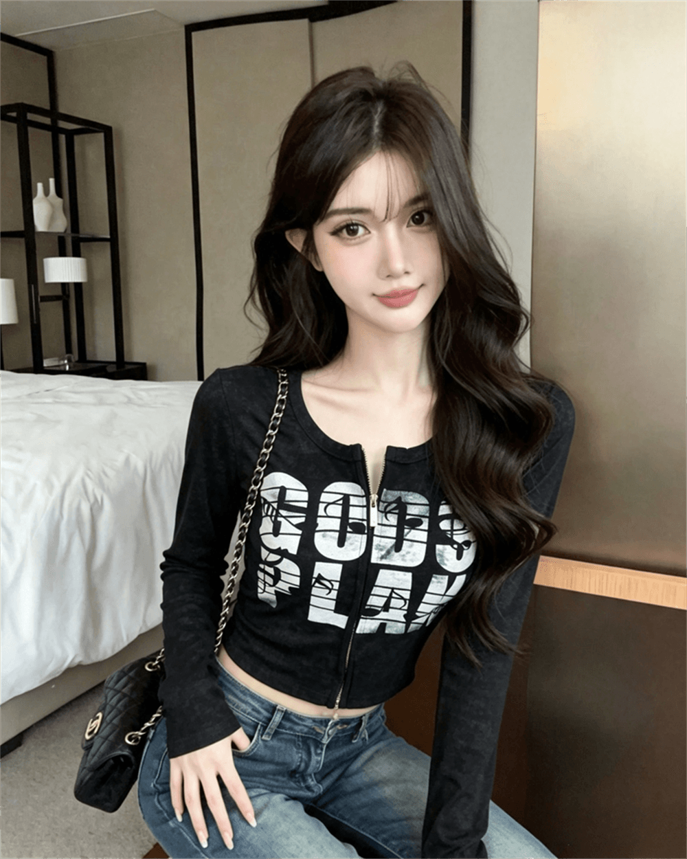 실사 봄 가을 느긋한 바람 라운드 넥 패치워크 무거운 작업 지퍼 섹션 몸매 가꾸기 알파벳 쇼트 스타일 염색 핫걸 오픈 가디건 티셔츠