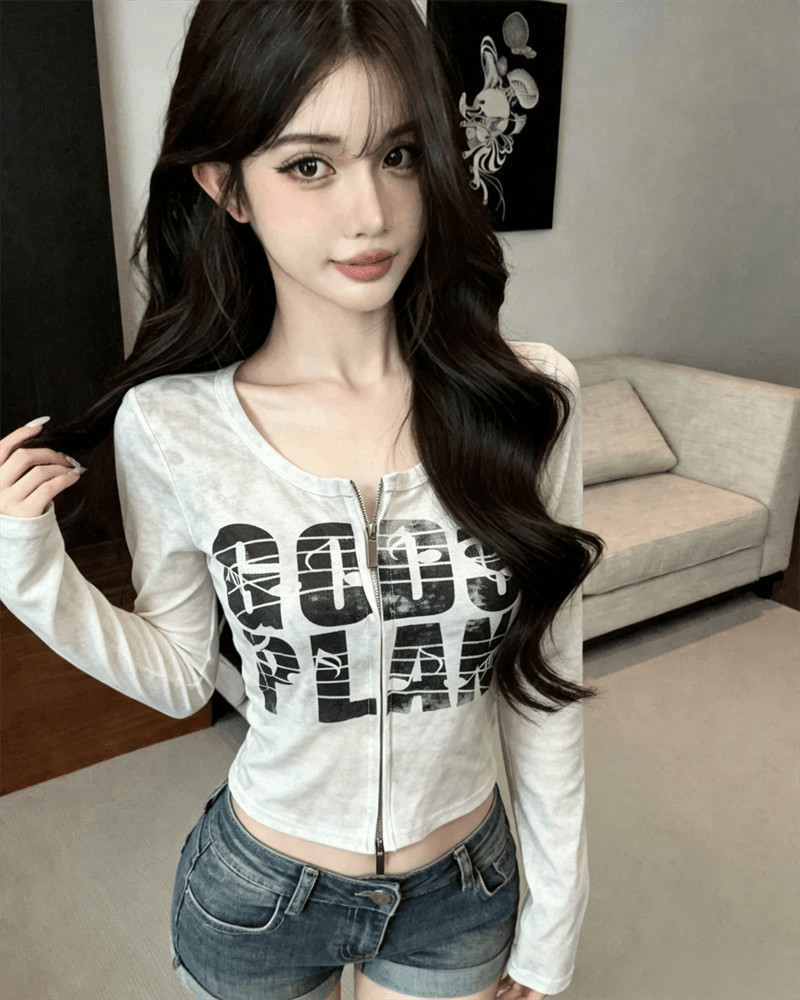 실사 봄 가을 느긋한 바람 라운드 넥 패치워크 무거운 작업 지퍼 섹션 몸매 가꾸기 알파벳 쇼트 스타일 염색 핫걸 오픈 가디건 티셔츠 상세 이미지 6