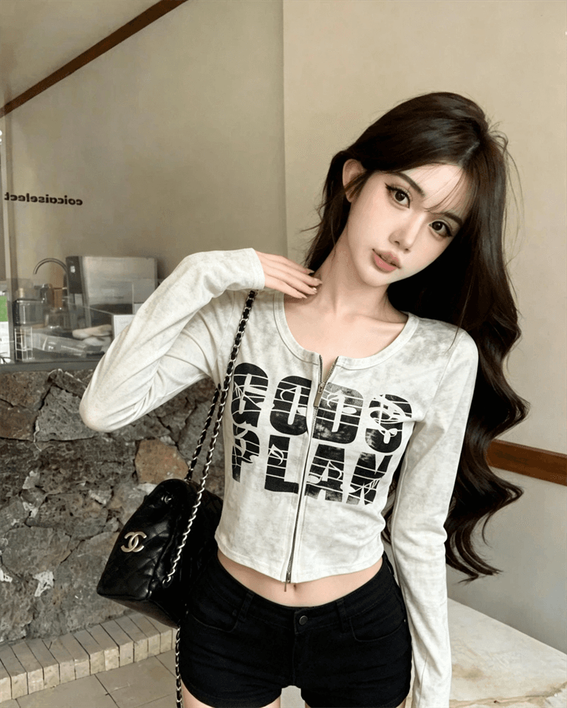 실사 봄 가을 느긋한 바람 라운드 넥 패치워크 무거운 작업 지퍼 섹션 몸매 가꾸기 알파벳 쇼트 스타일 염색 핫걸 오픈 가디건 티셔츠 상세 이미지 7