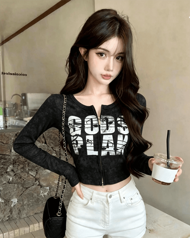 실사 봄 가을 느긋한 바람 라운드 넥 패치워크 무거운 작업 지퍼 섹션 몸매 가꾸기 알파벳 쇼트 스타일 염색 핫걸 오픈 가디건 티셔츠 상세 이미지 8