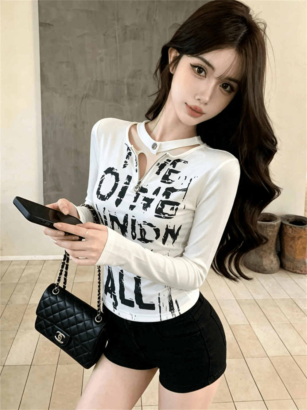실사 봄 가을 라운드 넥 패치워크 무거운 작업 지퍼 섹션 몸매 가꾸기 디자인 센스 알파벳 쇼트 스타일 염색 핫걸 풀오버 티셔츠 이미지 2