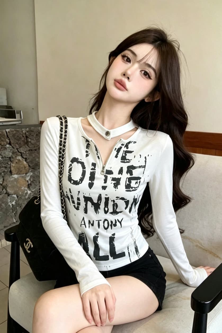 실사 봄 가을 라운드 넥 패치워크 무거운 작업 지퍼 섹션 몸매 가꾸기 디자인 센스 알파벳 쇼트 스타일 염색 핫걸 풀오버 티셔츠 이미지 6