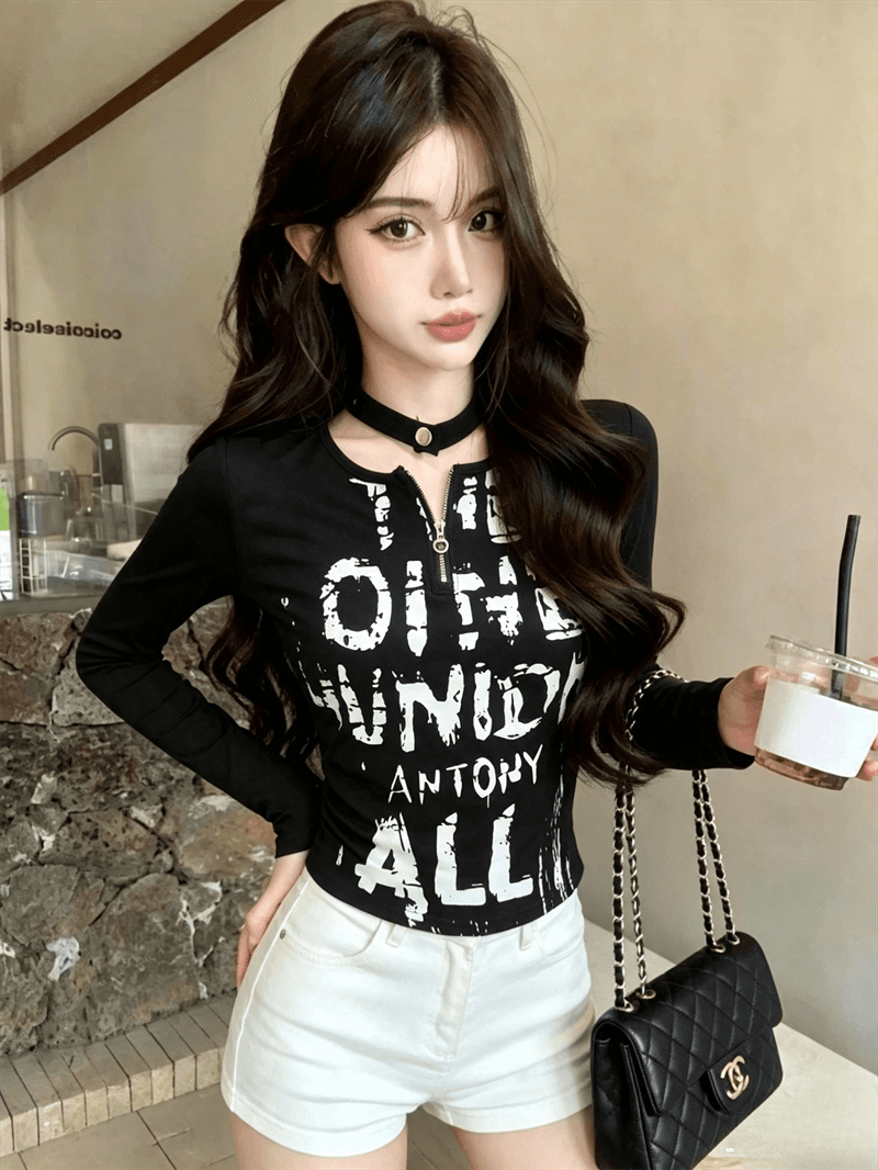 실사 봄 가을 라운드 넥 패치워크 무거운 작업 지퍼 섹션 몸매 가꾸기 디자인 센스 알파벳 쇼트 스타일 염색 핫걸 풀오버 티셔츠 상세 이미지 2